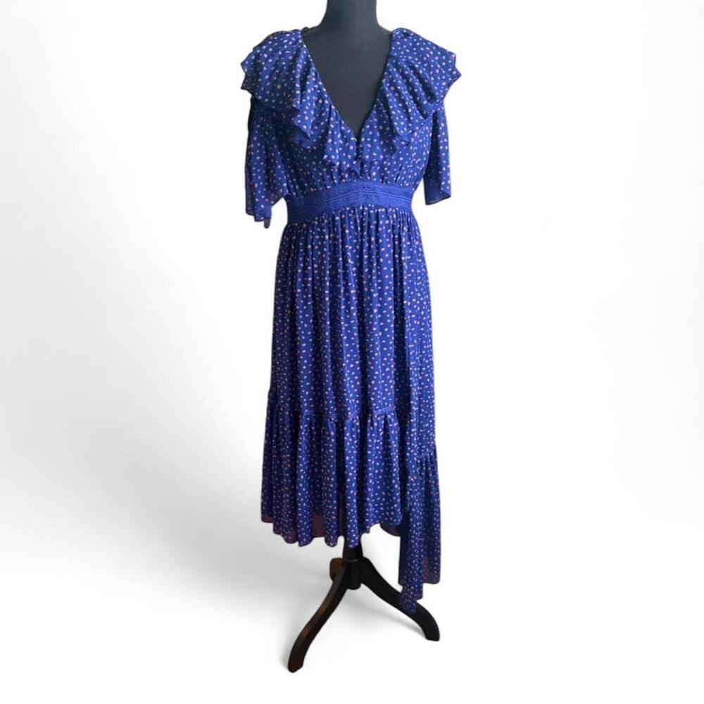 Three Floor blue with pink polka dot midi dress with ruffle detail Size: Large